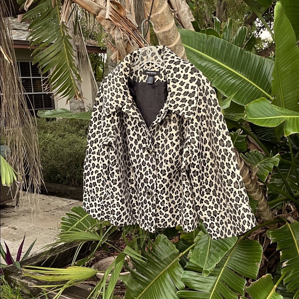 Ashley Stewart metallic leopard print three-quarter sleeve swing jacket